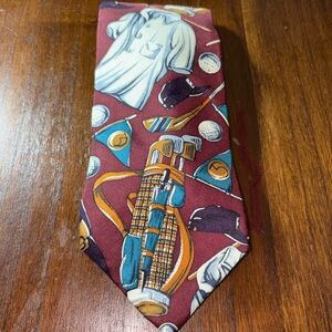 AWESOME! GANT  Burgundy Golf Motif Silk Tie with Teal and Gold Accents(124)